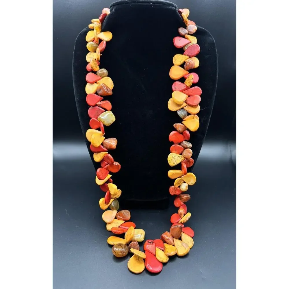 Artisan Statement Necklace Orange Red Dyed Teardrop & Natural Agate Silver Clasp
